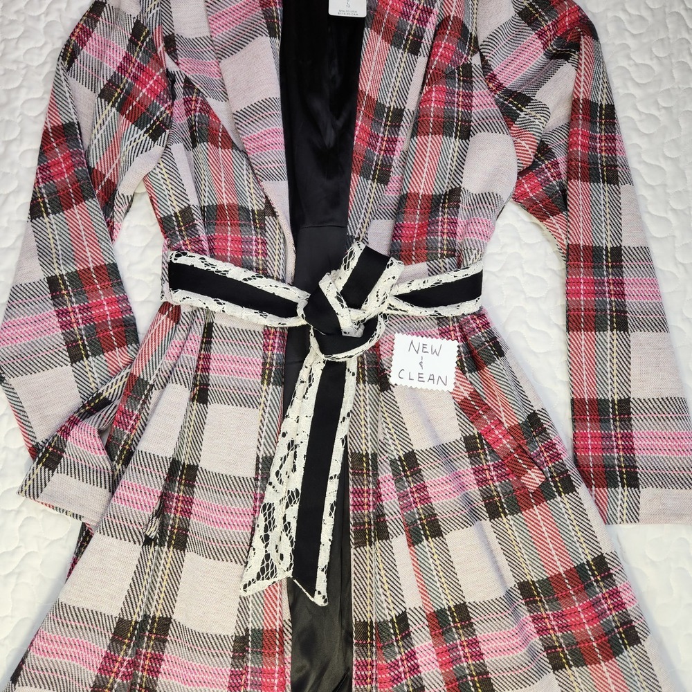 Long Coat Classic Glen Plaid Preppy Career Duster Jacket Black Pink Medium
